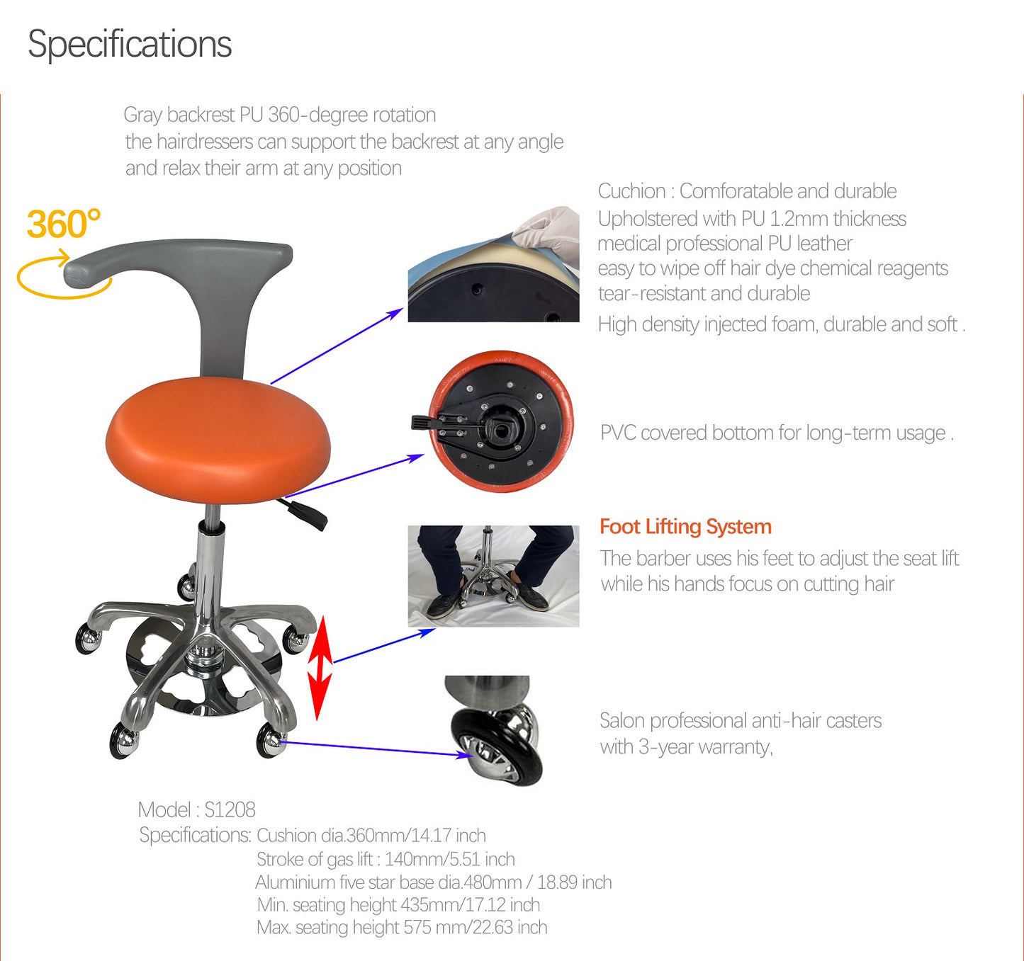 S1208 Foot operated control pedal stool for hairdressing salon, lab, surgeon dental clinic
