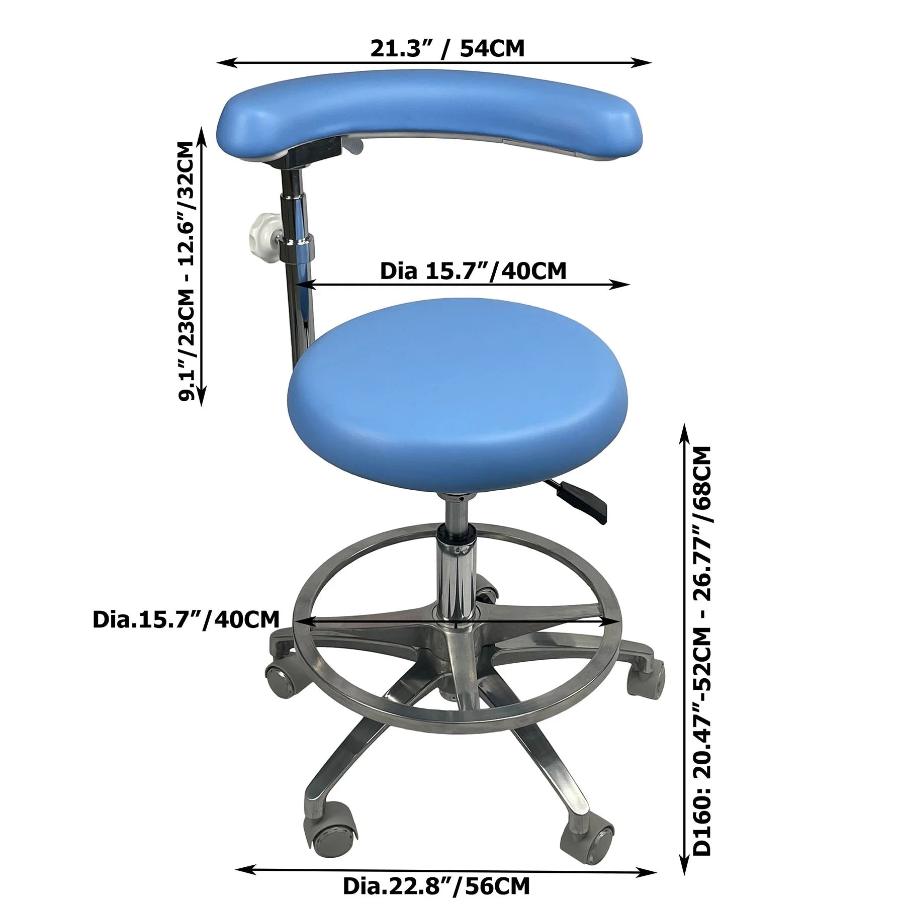 Dental stool demension for the seat and base